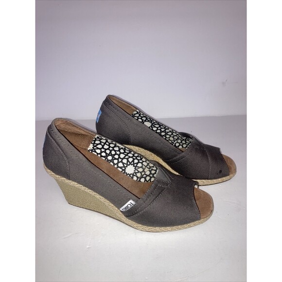 TOMS Calypso Grey Peep Toe Espadrille Wedge Canvas Sandals Heels Shoes Sz7 - Picture 2 of 10